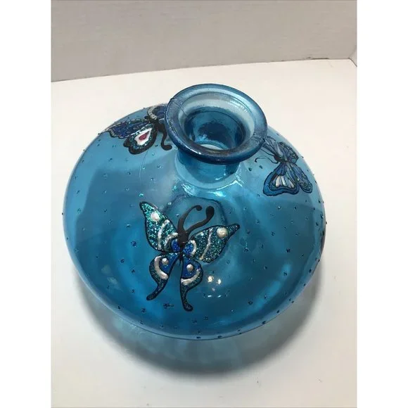 Beautiful Aqua Blue Glass fat vase with butterflies 9.5" Dia. Teal Blue Green - Picture 3 of 8